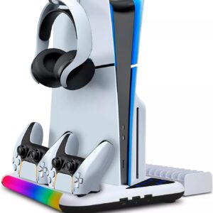 Suporte Cooler de Resfriamento RGB Carregador Controle Compatível com Console PS5 / PS5 Slim Playstation, com 2 Carregador Controle Bateria 600mah