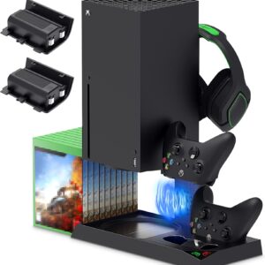 Suporte vertical para Xbox Series X com ventilador de resfriamento, estação de carregamento para Xbox Series X com organizador de armazenamento de 10 jogos, controle e suporte de fone de ouvido, 2 pacotes de bateria recarregável de 1400 mAh