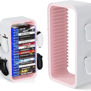 wigmoa OYO-1 15.8INCH Game Storage Tower Compatible with PS5/ Xbox Series S & X/Switch, Universal Video Discs Organizer 18 PCS with 4 Controller Holder, Game Disk Box Stand (White/Pink)