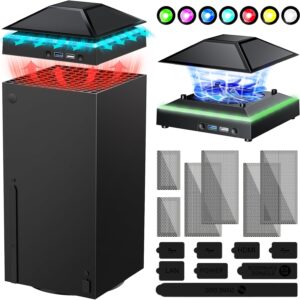 Ventilador de refrigeração para Xbox Series X com capa contra poeira, sistema de refrigerador de luz LED RGB com velocidade ajustável de 3 níveis de baixo ruído, porta USB extra 2 para Xbox Series X Acessórios de resfriamento