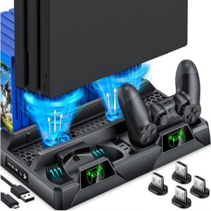 Suporte para PS4 com Ventoinha de Resfriamento, Estação de Carregamento Duplo e Armazenamento de 16 Jogos - Compatível com PS4 Slim/Pro/PlayStation 4