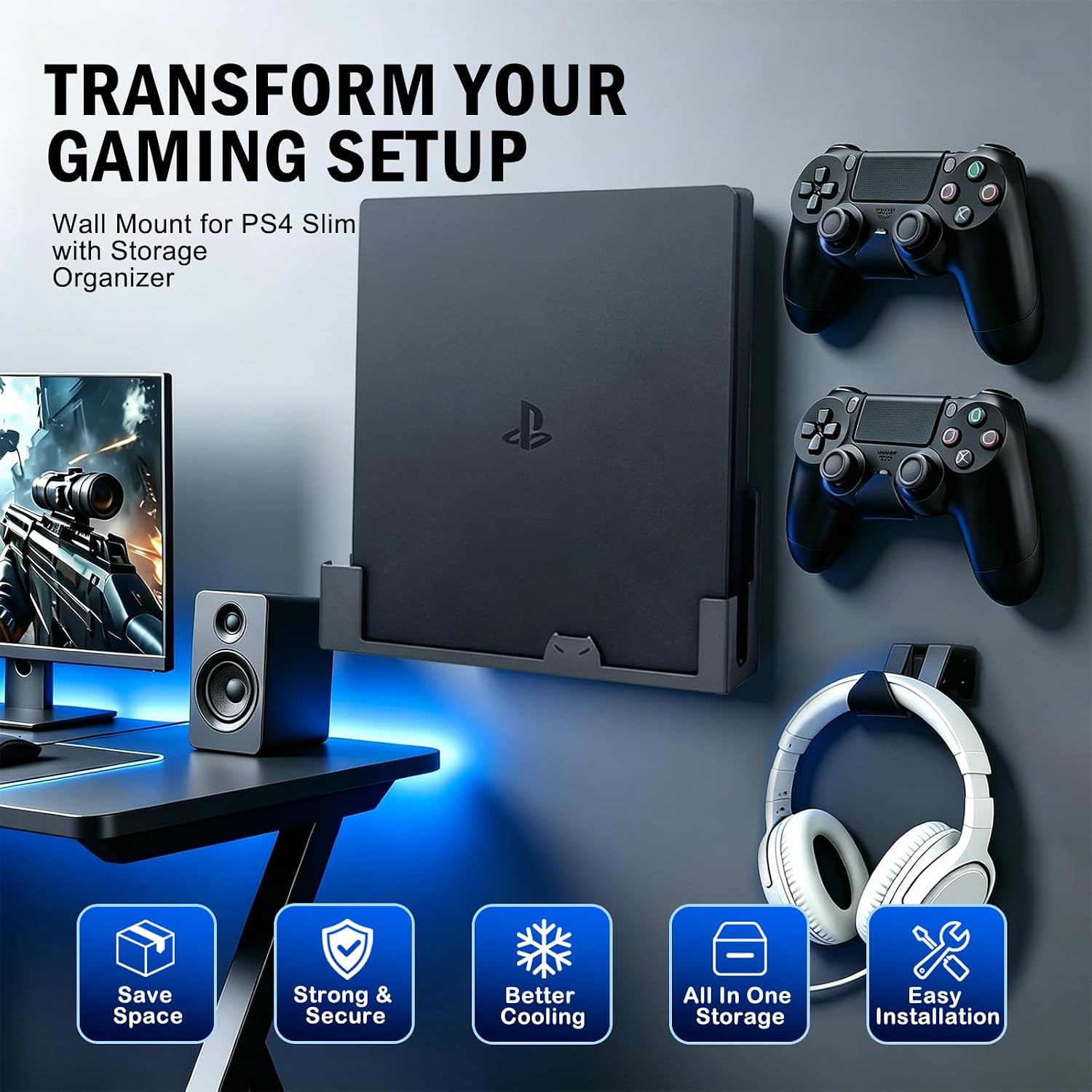 Suporte de parede para PS4 Slim, suporte de aço para PS4 Slim inclui suporte de controle removível e suporte de fone de ouvido - armazene com segurança seu console PlayStation 4 Slim perto ou 9 Suporte de parede para PS4 Slim, suporte de aço para PS4 Slim inclui suporte de controle removível e suporte de fone de ouvido - armazene com segurança seu console PlayStation 4 Slim perto ou - Imagem 9