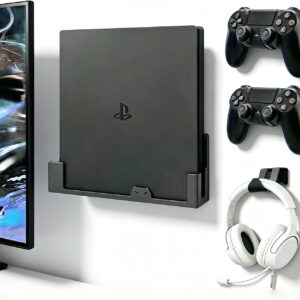 Suporte de parede para PS4 Slim, suporte de aço para PS4 Slim inclui suporte de controle removível e suporte de fone de ouvido - armazene com segurança seu console PlayStation 4 Slim perto ou