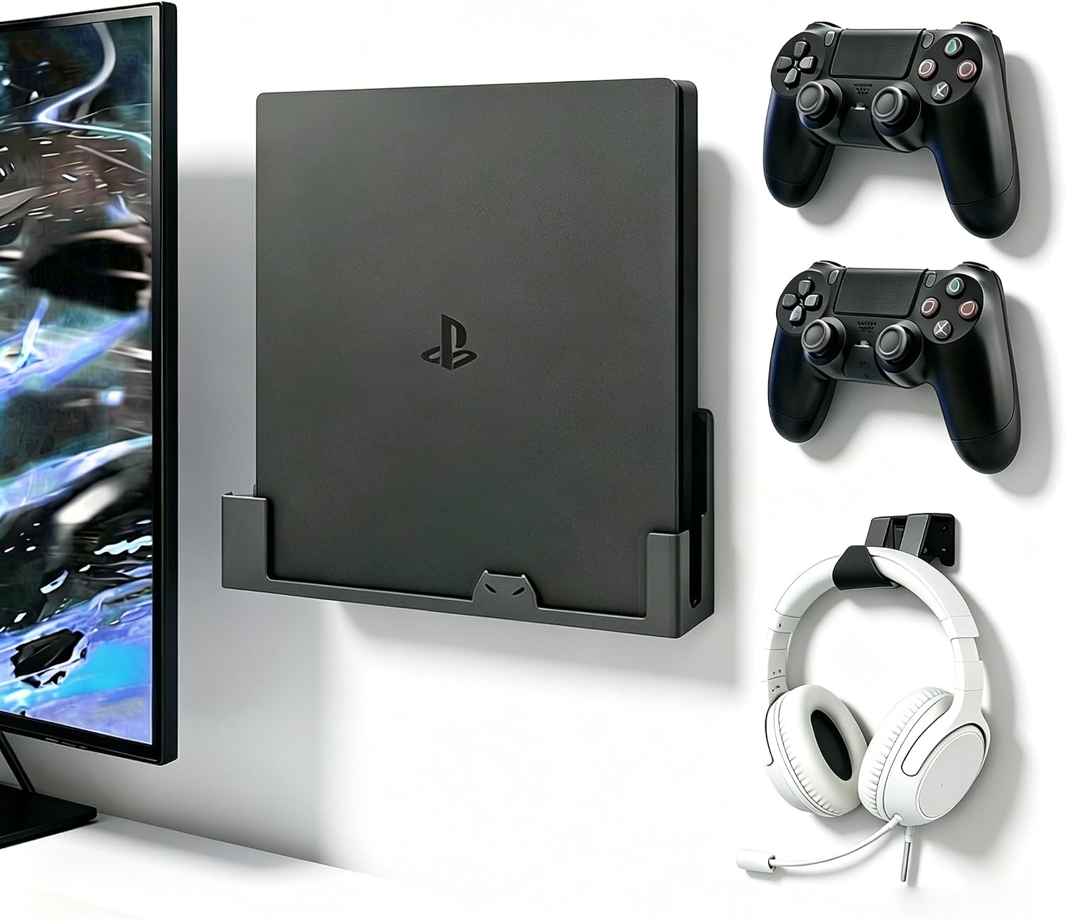 Suporte de parede para PS4 Slim, suporte de aço para PS4 Slim inclui suporte de controle removível e suporte de fone de ouvido - armazene com segurança seu console PlayStation 4 Slim perto ou 1 Suporte de parede para PS4 Slim, suporte de aço para PS4 Slim inclui suporte de controle removível e suporte de fone de ouvido - armazene com segurança seu console PlayStation 4 Slim perto ou